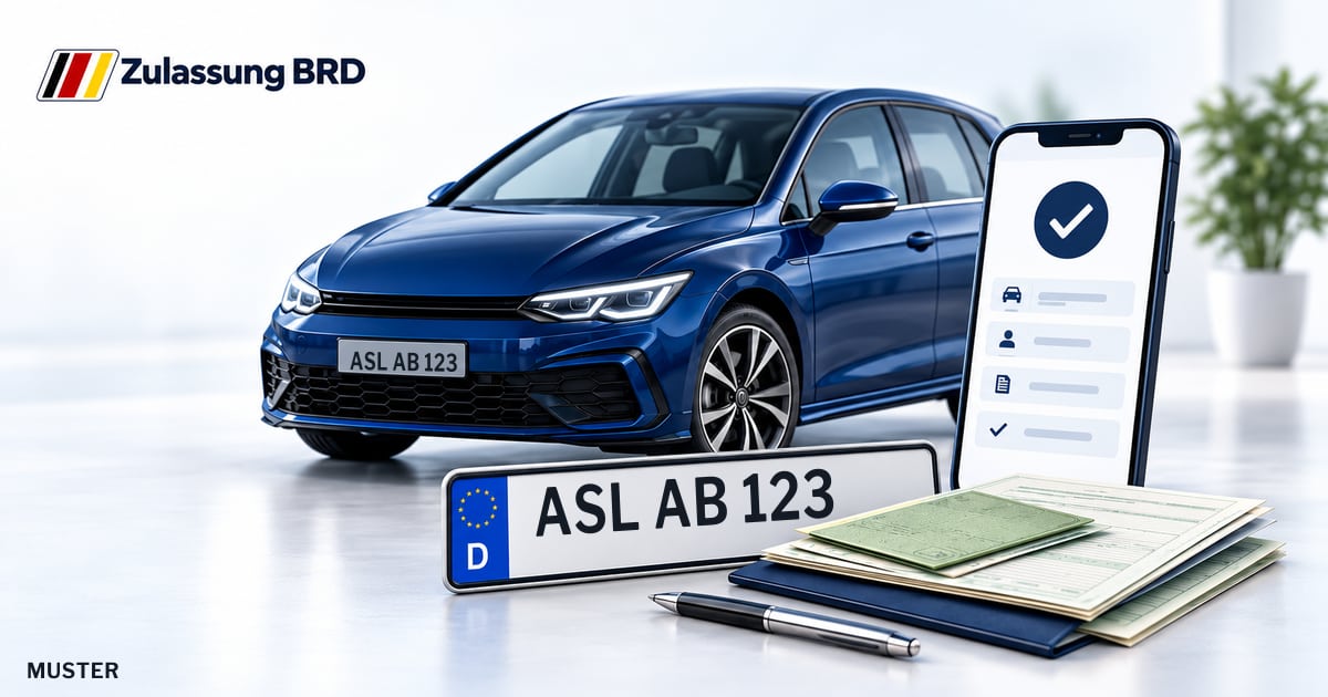 Online Fahrzeugzulassung in Aschersleben: Musterkennzeichen ASL AB 123, Auto und Fahrzeugpapiere und Smartphone. Illustration mit Logo von Zulassung BRD.